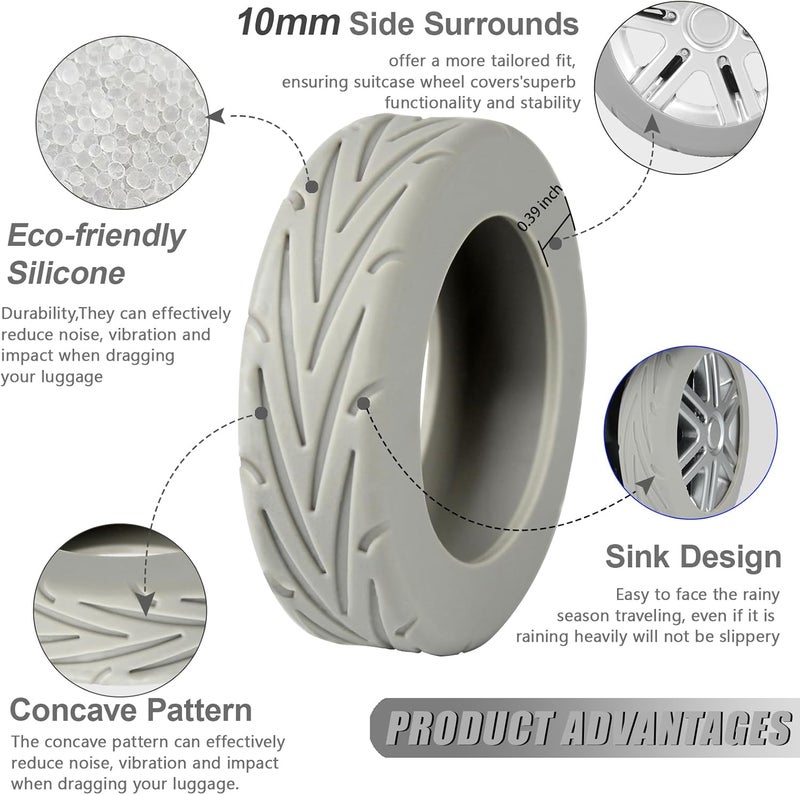 KOVNGE Upgrade Luggage Wheel Covers, 8pcs Suitcases Wheel Protector,Wear-Resistant, Anti-Noise, Silicone Protectors For 2-2.4"Luggage Spinner,Accessories for Travel (Gray) - Image 4